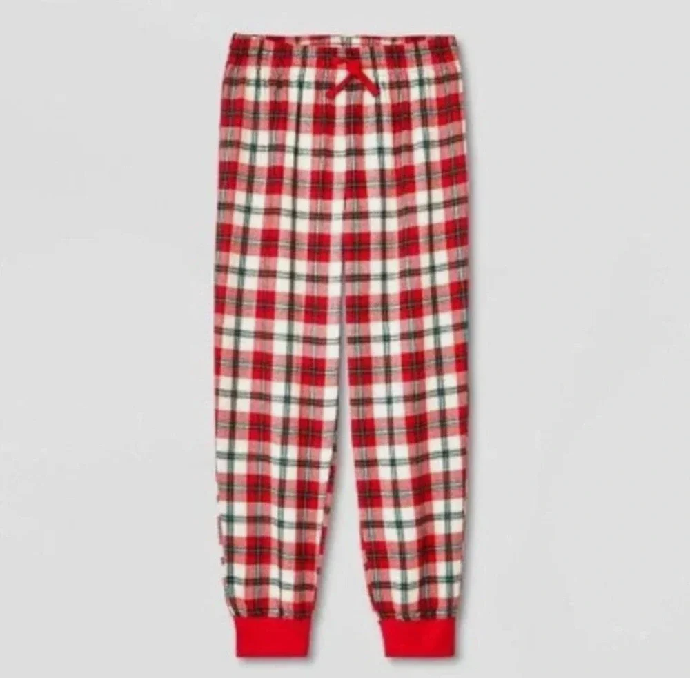 Cat & Jack Pajama Pants Kids Small 6/6X Red Green & Cream Plaid Cuffed Ankle